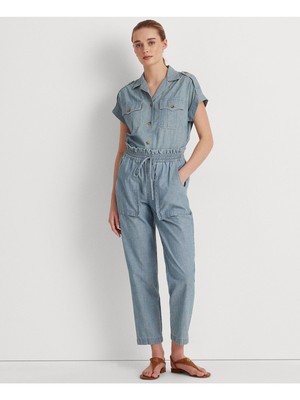 

RALPH LAUREN Женский светло-голубой топ с вырезом на пуговицах из шамбре Petites, Light blue
