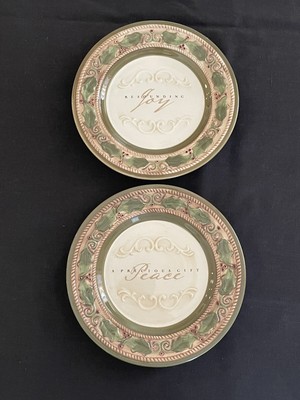 Peace And Joy Christmas Salad Plate 8.25  Set Of 2 Embossed Raised Holly Berries