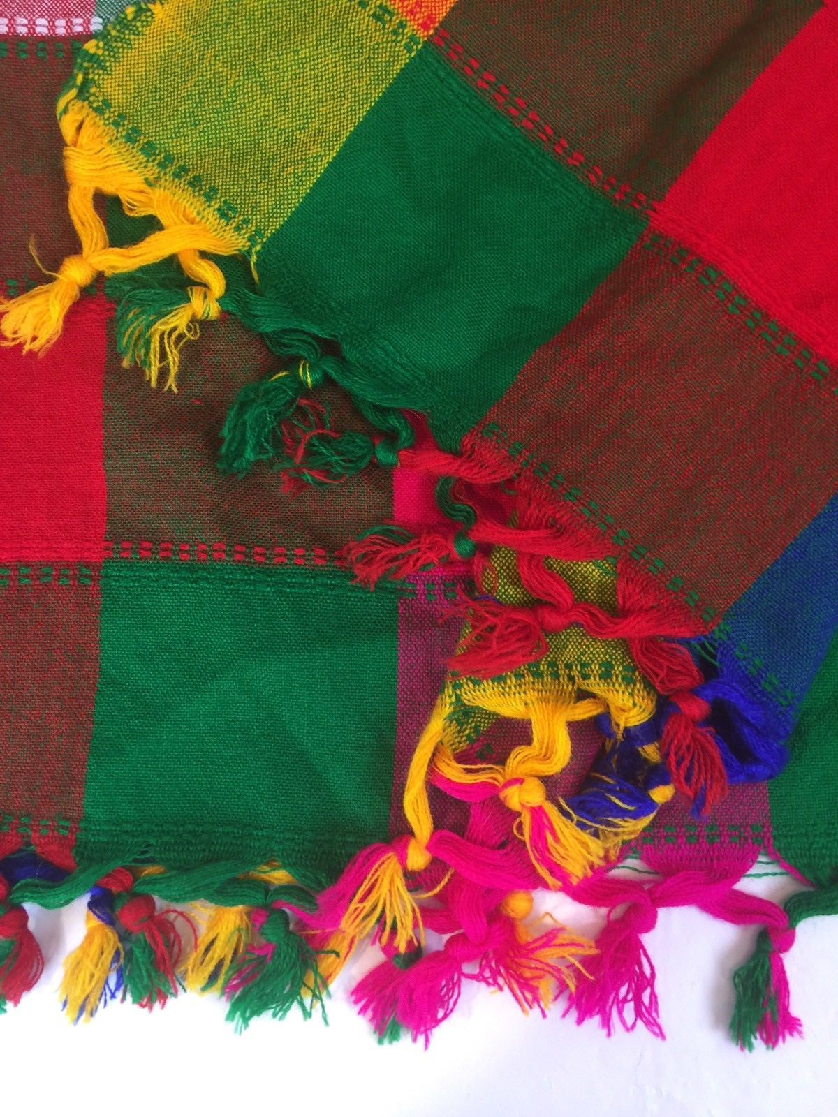 Vtg Woven Cotton Multi Color Country Plaid Fringed Tablecloth 74”x 54” Napkins