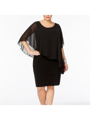 BETSY & ADAM Womens Black Chiffon Capelet Scoop Neck Cocktail Dress Plus 18W