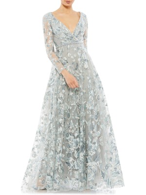 

MAC DUGGAL Женское Серое Вечернее Платье Полной Длины С Длинным Рукавом и V-образным Вырезом, Серый