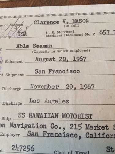 3 1967 U.S. Coast Guard Certificate of Discharge Merchant Seaman Steam Vessels