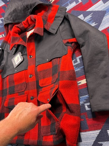 Pre-owned Filson Hooded Mackinaw 24oz Wool Double Coat Cruiser Jacket Waxed Tin Cloth In Red Black