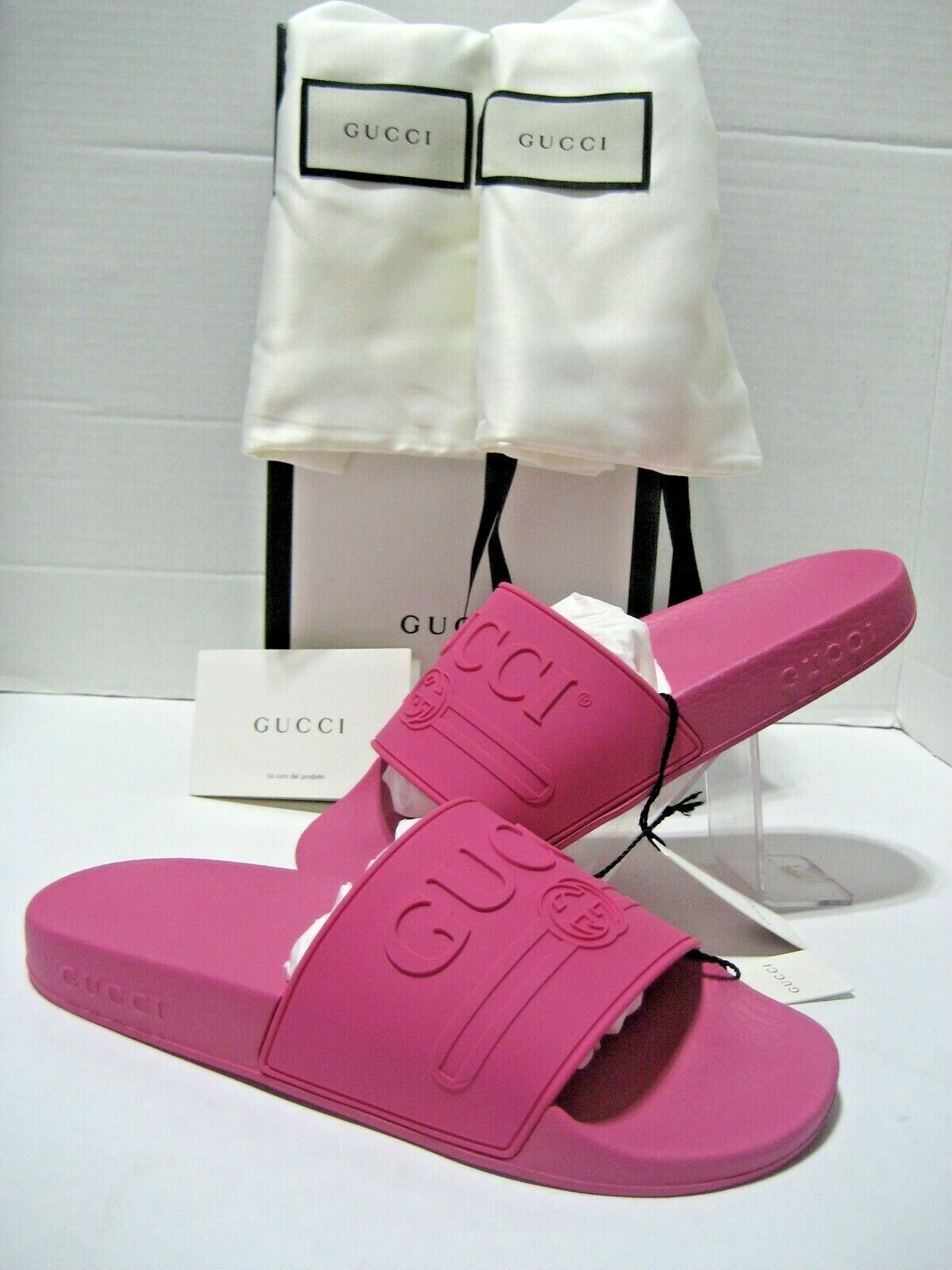 $450 NEW GUCCI Women US 6 EU 36 Logo Pink Rubber Pool Slides Slip On  Sandals Box | eBay