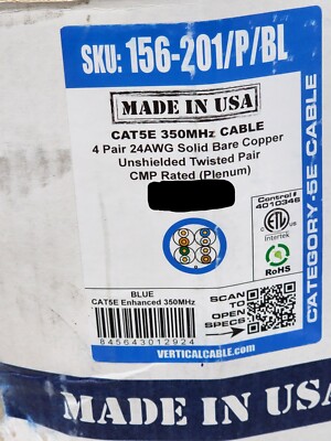 Vertical 156-201/P/BL 24/4P 350MHz Cat5e UTP Network Cable Plenum CMP Blue/100ft