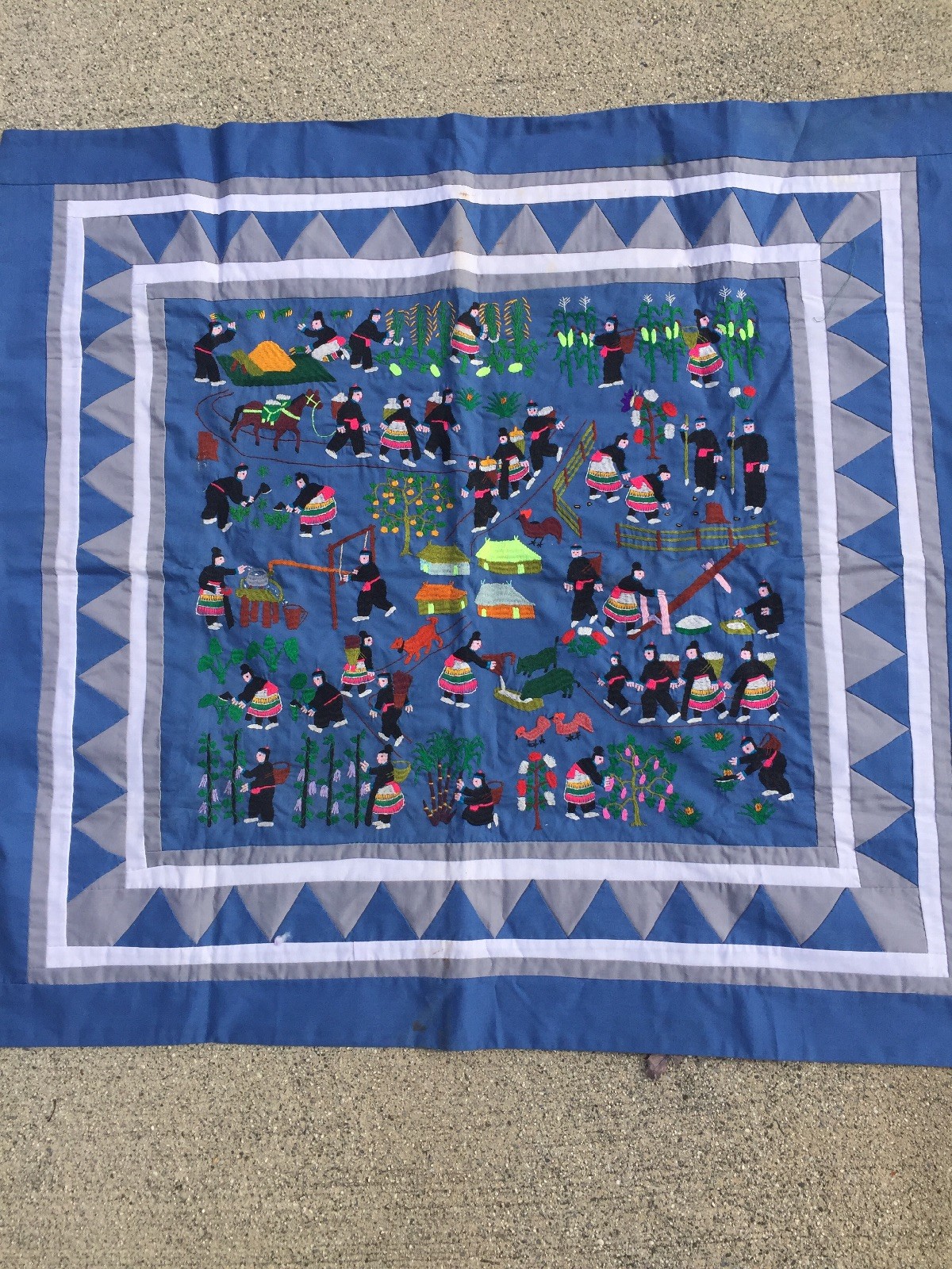 Antique CHINESE QUILT CABINET WALL HANGING Rice Paddy Farm Square ONE KIND ??m17