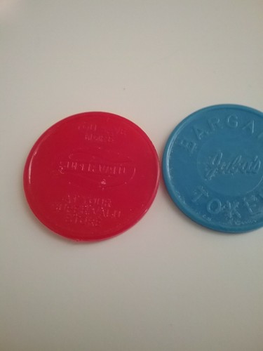 Vintage Lot Of 2 June's Super Valu Blue & Red Plastic Token Blue Earth Minnesota