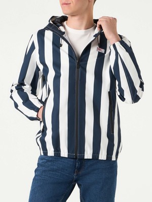 Pre-owned Mc2 Saint Barth Man Hooded Lightweight Windbreaker With Striped Print In Blue
