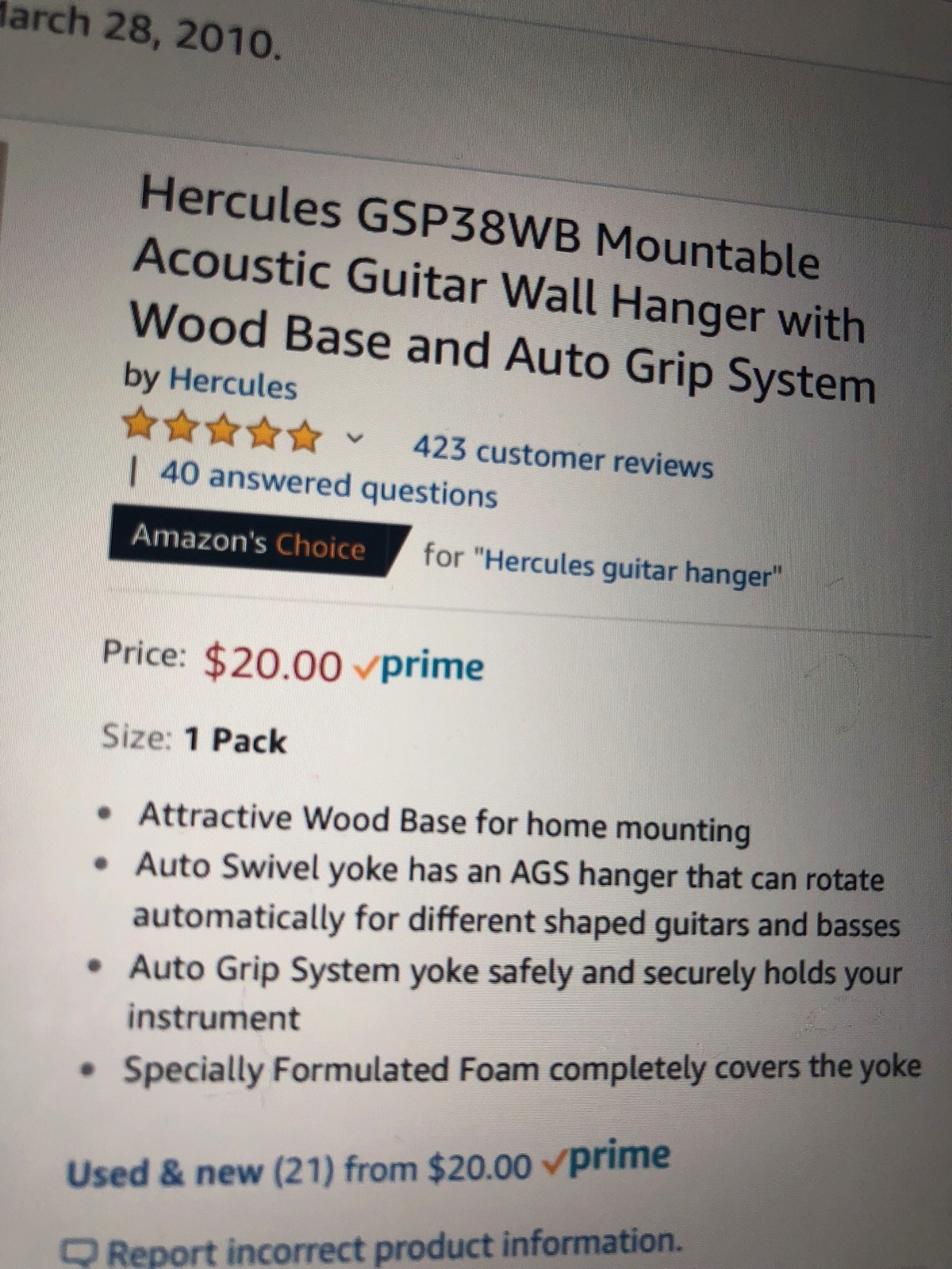 Hercules GSP38WB Mountable Guitar Wall Hanger w/ Wood Base and Auto Grip System