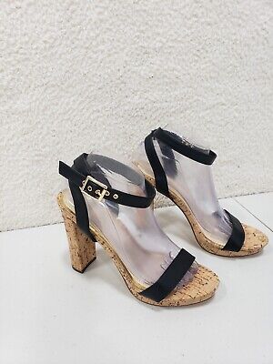 Venus Sandals Women 8.5 Black Leather Open Toe Ankle Wrap Block Heel Pump Shoes