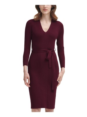 

DKNY Женское бордовое вязаное приталенное платье-свитер с завязками и поясом, Burgundy