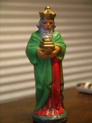 Vintage Antique Wise Man King from Nativity, Resin (?) Green Robe, Crown