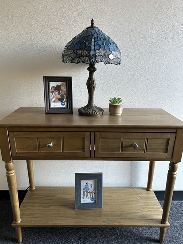 Tiffany Style Table Lamp Sea Blue Stained Glass Dragonfly Vintage H19”W12”