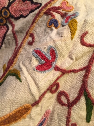 Antique Embroidered burlap Fabric Birds Spring Flowers California Estate Item