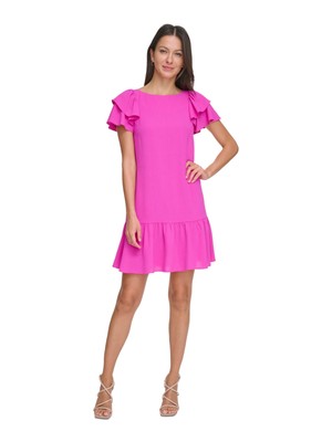 DKNY Womens Pink Ruffle Hem Flutter Sleeve Above The Knee Shift Dress Petites 6P