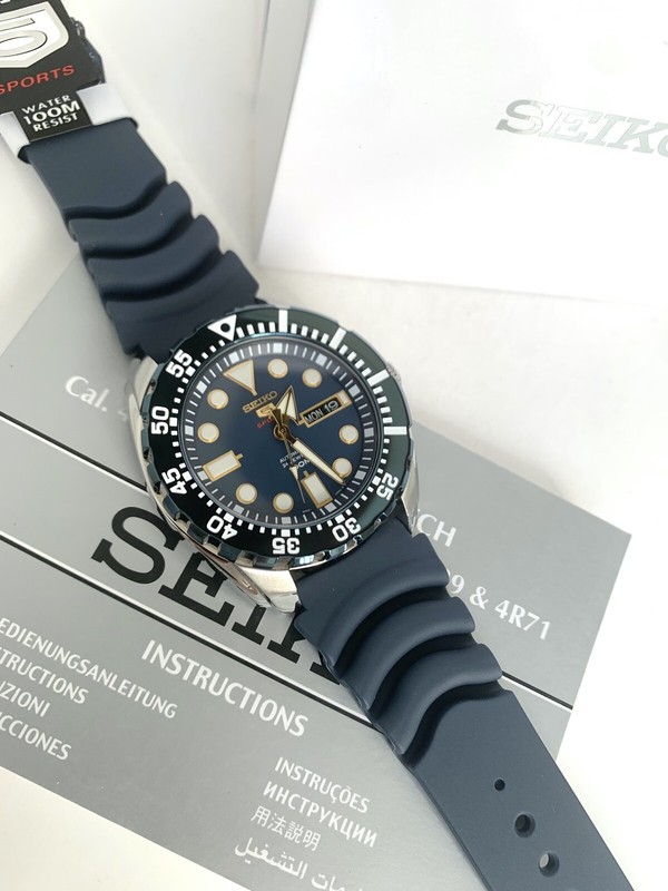 Pre-owned Seiko 5 Sports Srp605k2 Automatic Blue Bezel Rubber Strap Watch For Men