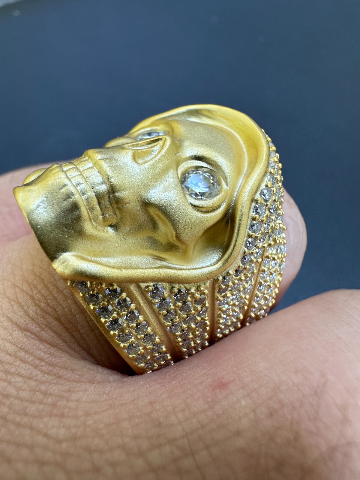 Pre-owned Silver Moissanite Iced Heavy Death Skull Ring Matte Real 14k Gold Over 925  In White