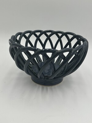 Cobalt Blue Stoneware Woven Bread Basket Fruit Bowl  Vintage Spring