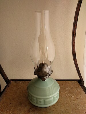 Vintage KAADAN Green Glass Hurricane Oil Lamp Block & Ribbed Pattern