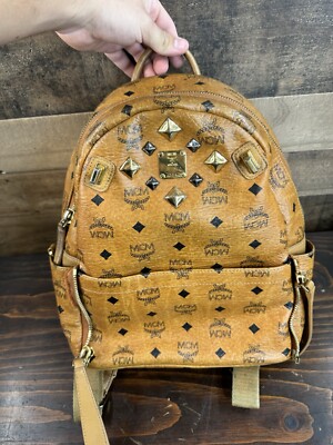 Authentic MCM Visetos Side  Mini Backpack Camel Brown Leather