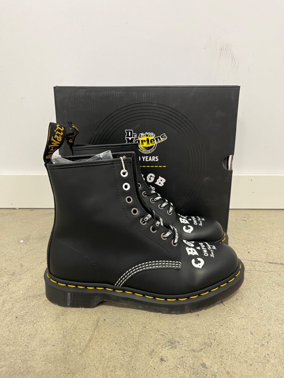 Pre-owned Dr. Martens 1460 Cbgb Printed Rolled Leather Boots Black/white All Sizes