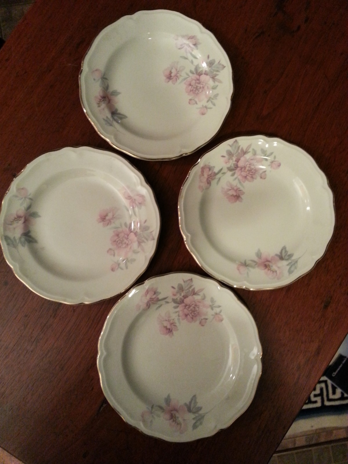 4 Vintage Edwin Knowles China Co. Bread & Butter Plates, Pink Floral