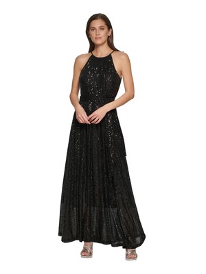 DKNY Womens Black Zippered Tie-belt Sleeveless Halter Maxi Party Gown Dress 8