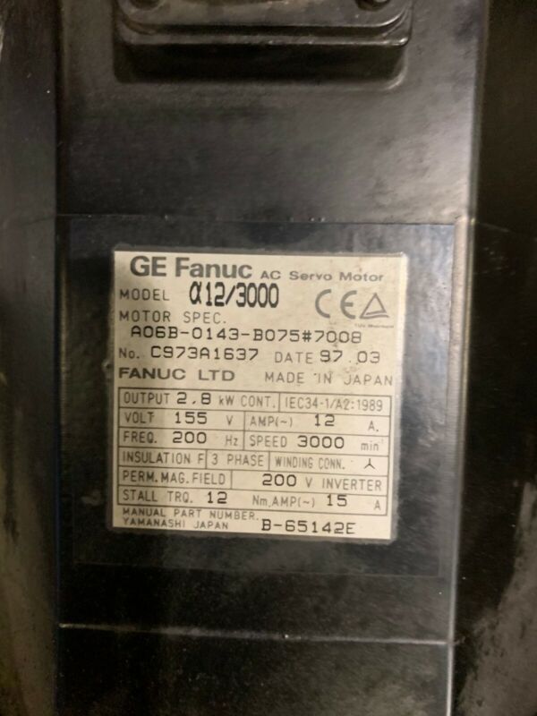  Fanuc Servo Motor A06b-0143-b075 #7008 Removed From Cincinnati Laser