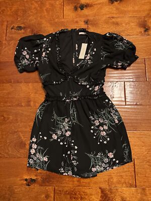 Francesca's Miami Floral Ruffle Black Romper Size X-Small Boutique $56 NWT