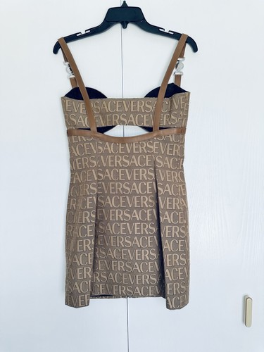 Pre-owned Versace Logo Print Cut Out Monogram Mini Dress Leather Trims It 40 Us 4 $3050 In Brown Tan