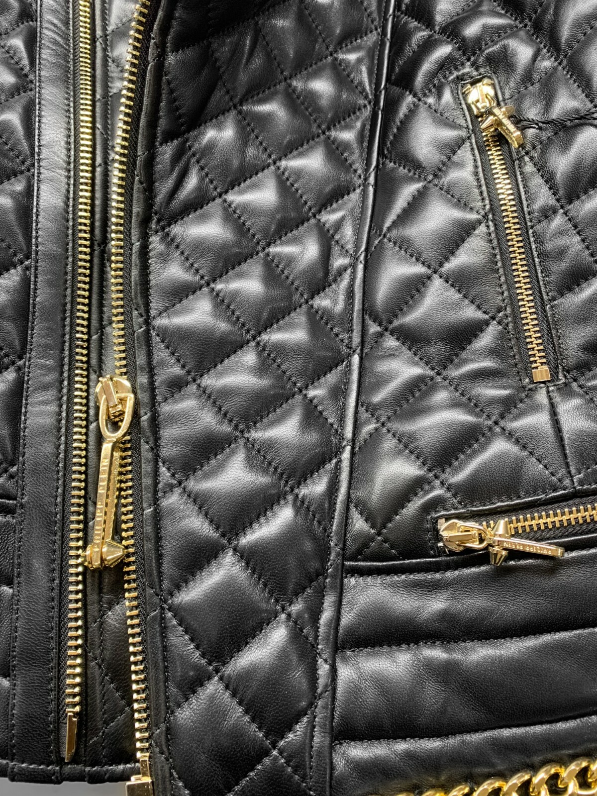 Pre-owned Philipp Plein Women's Genuine Leather Gold Trim Mickey Motorcycle Biker Jacket In Black