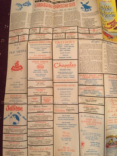 Vtg 1950’s Lake Nipigon Ontario Tourist Vacation Map Lots Of Advertising Unique