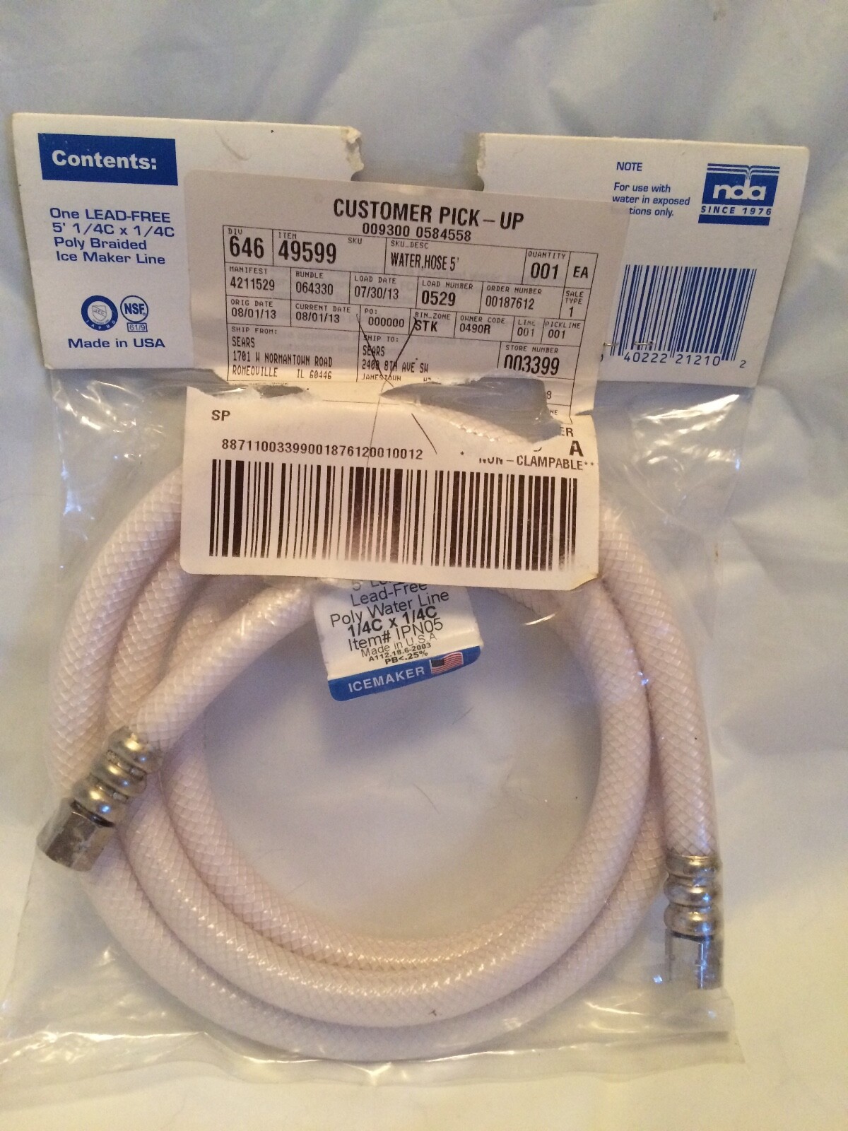 ice maker hookup hose line white  5' 1/4c x1/4c new