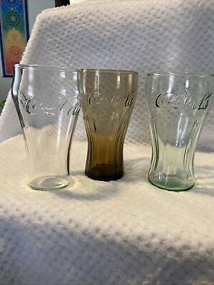 Coca Cola Vintage Green, Brown , Clear Glasses Raised Lettering, 6” Inch 3