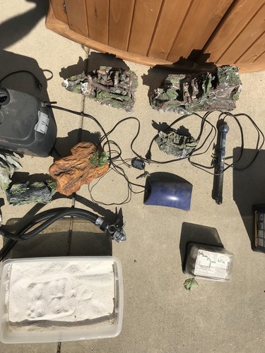 72 Gallon Bow Front Fish Tank w/EVERYTHING, Stand, 2x Filters, White Sand...