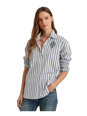 

RALPH LAUREN Женский белый топ в полоску с длинными рукавами и острым воротником на пуговицах