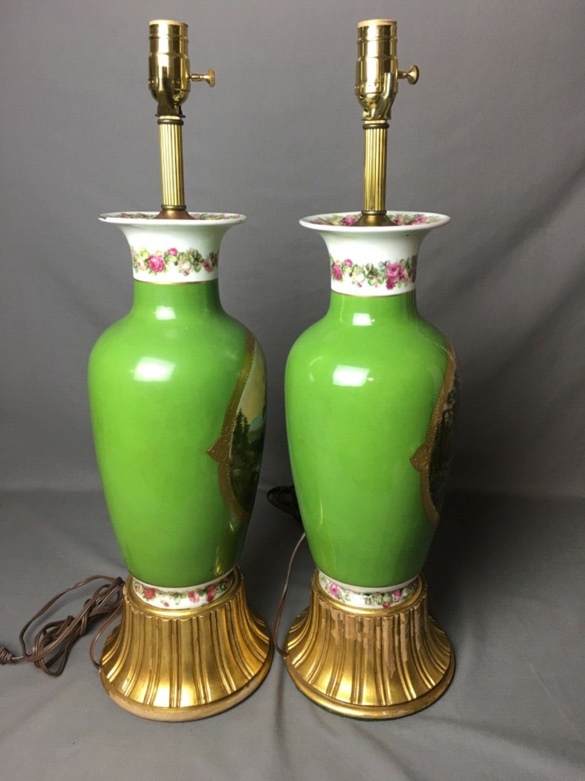 Set of 2 Antique 25” Old Paris Lamps ***Newly Rewired & New 3 Way Socket***