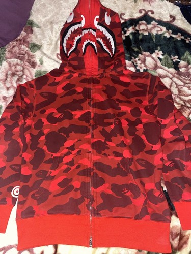 BAPE Color Camo Shark Wide Full Zip Double Hoodie Red | eBay