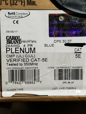 Carol 24/4P Cat5E UTP Helix Enhanced Throughput Plenum Network Cable Blue /100ft