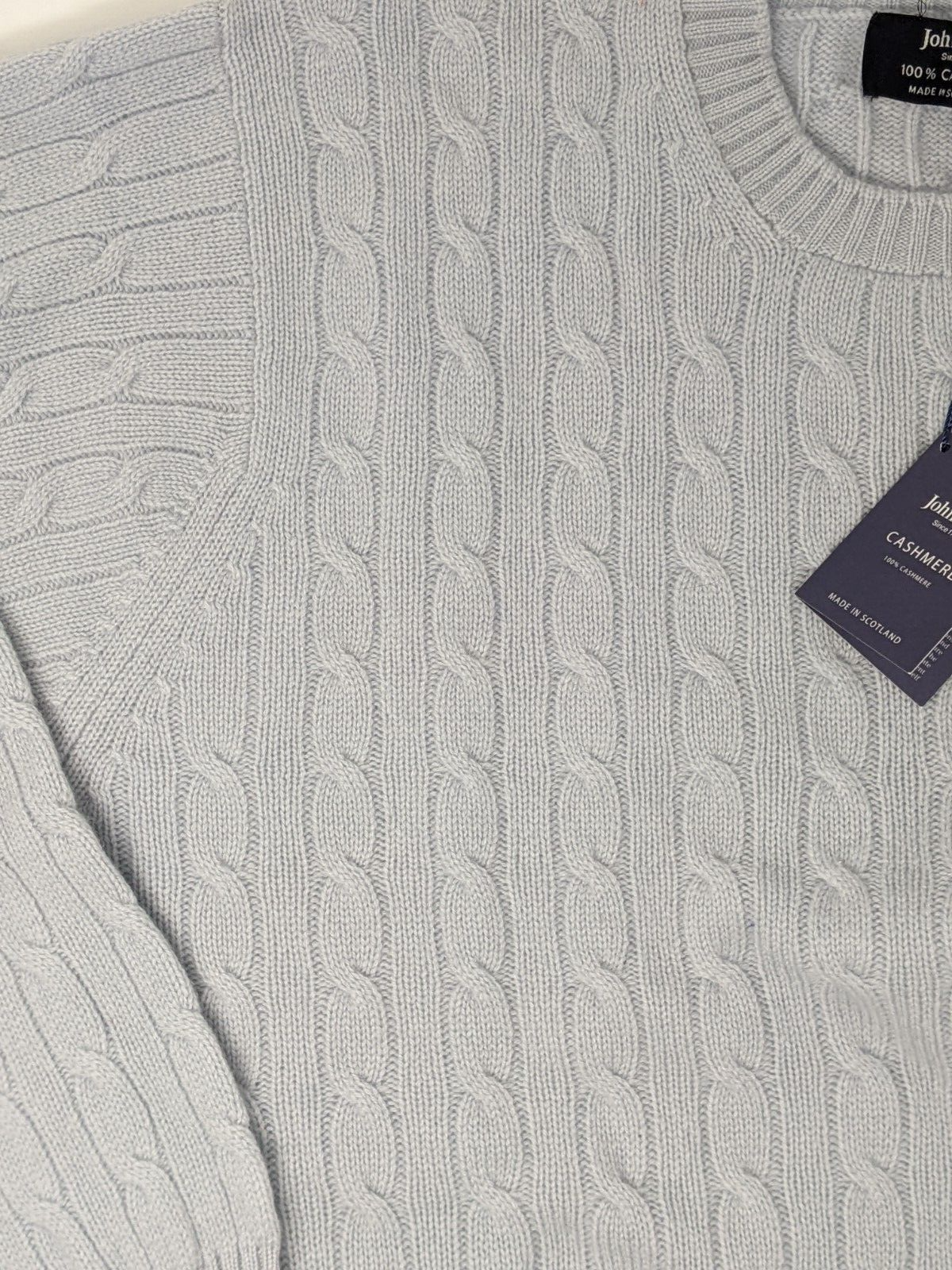 Pre-owned Johnstons Of Scotland 2 Ply Cable Rib Cashmere Sweater Men L $575.00 Orig. In Pale Pale Blue