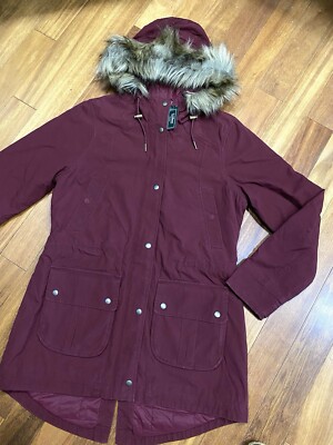 LL Bean Womens Medium M East End Parka Coat Faux Fur Hooded Burgundy 