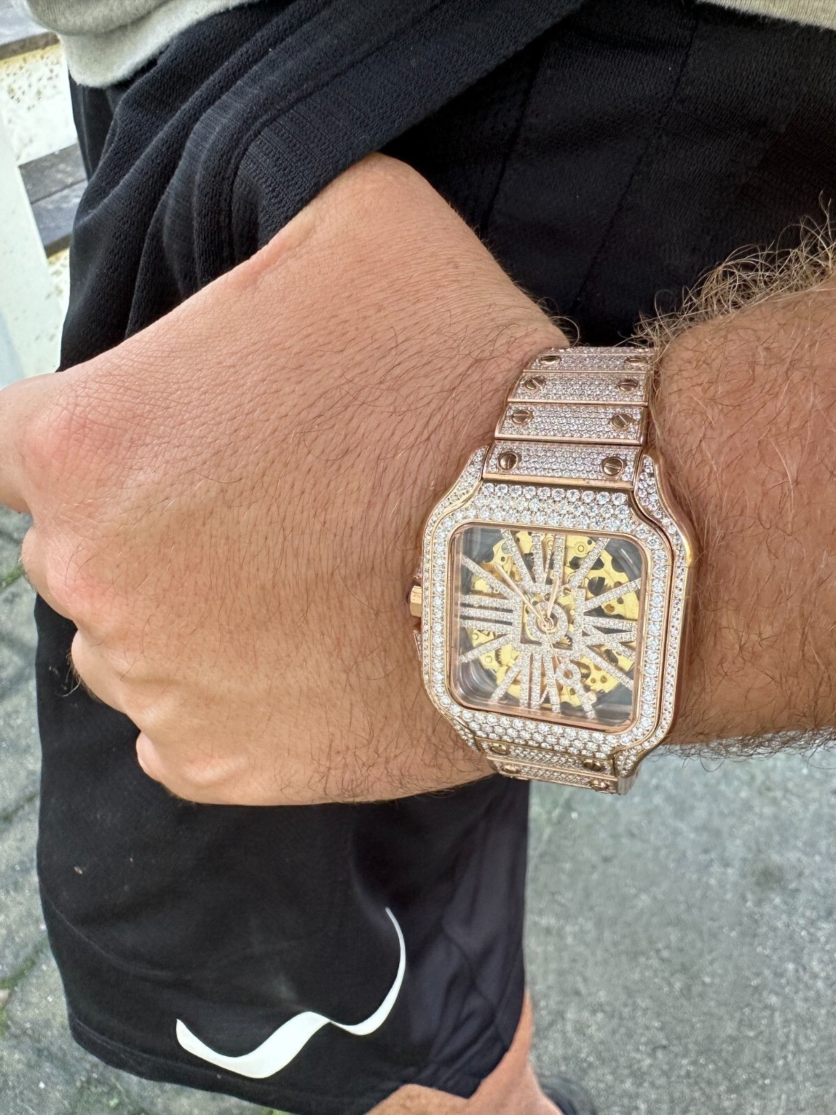 Pre-owned Hip Hop Real Mens Moissanite 14k Rose Gold Watch Iced Automatic Movement Hiphop Skeleton