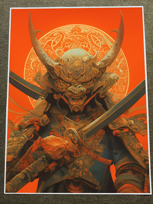Epic Samurai Warrior Battle Stance Katana Sword Fiery Background Poster 18x24in