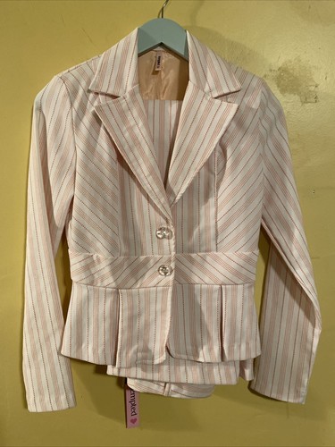 NWT TEMPTED Women’s White Orange Pinstripes Suit MADE USA Pants Jacket Sz Small