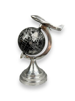 Chrome Airplane Globe Art Deco Black Silver 9  Unique Shelf Desk Decoration