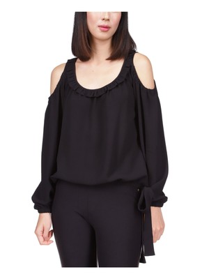 MICHAEL KORS Womens Black Ruffled Elastic Waist Tie Long Sleeve Round Neck Top S