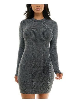 BCX DRESS Womens Silver Cable Knit Side Pullover Short Sweater Dress Juniors XXS