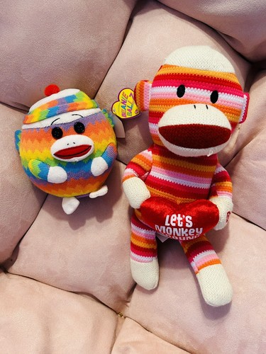🐵 Lot Of 2 Sock Monkey Dolls Plush From Target Rainbow Pink Plush Beanie Babies