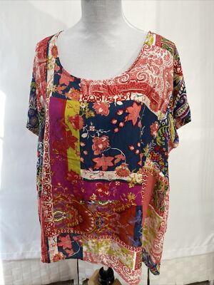 Jones & Co Women's 2X Top Multicolored Patchwork Button Back Tunic Top
