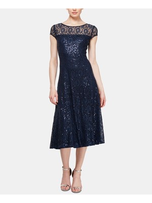 

Женское вечернее платье миди темно-синего цвета на подкладке с короткими рукавами SLNY + расклешенное платье, Navy